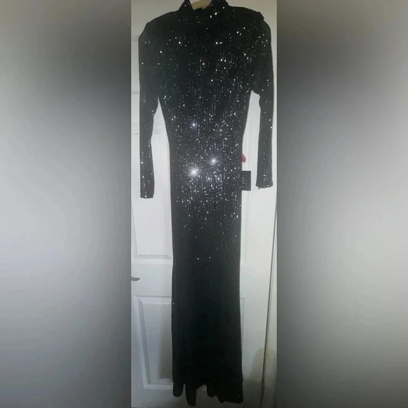 Mac Duggal women’s SEQUIN HIGH NECK LONG SLEEVE LACE UP GOWN black 42014 sz0 NWT - Picture 1 of 9